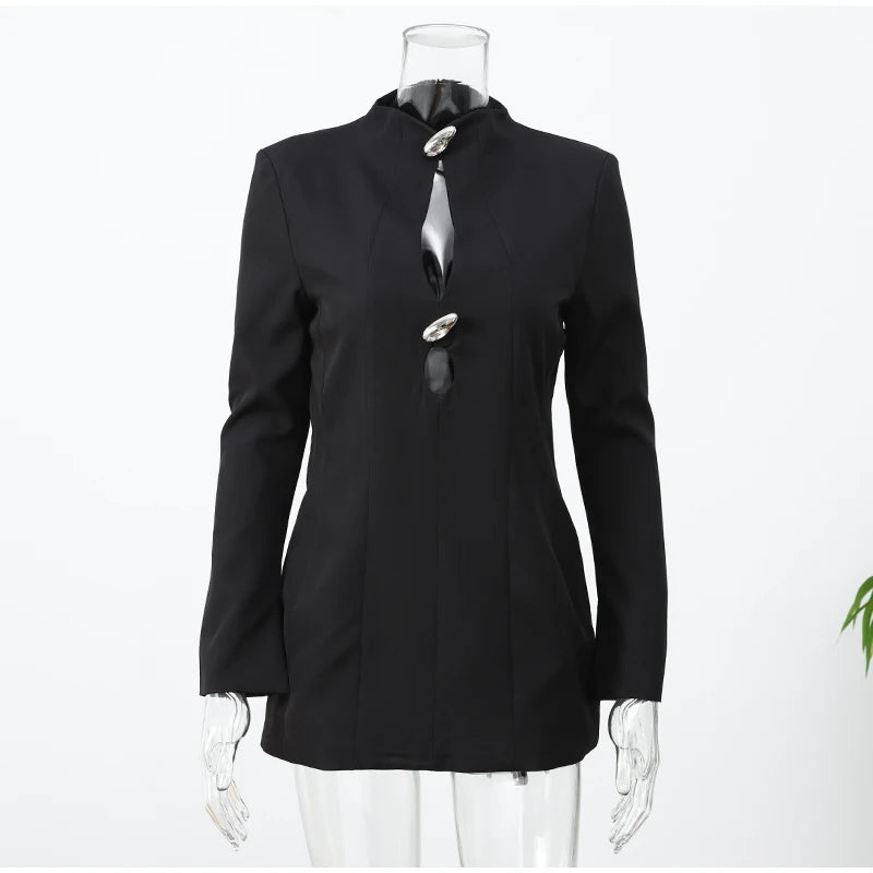 Elegant Hollow Out Mini Dress Women Sexy Long Sleeve Bodycon Waist Cinching Vestidos 2025 Chic Autumn Office Lady Commute Robes