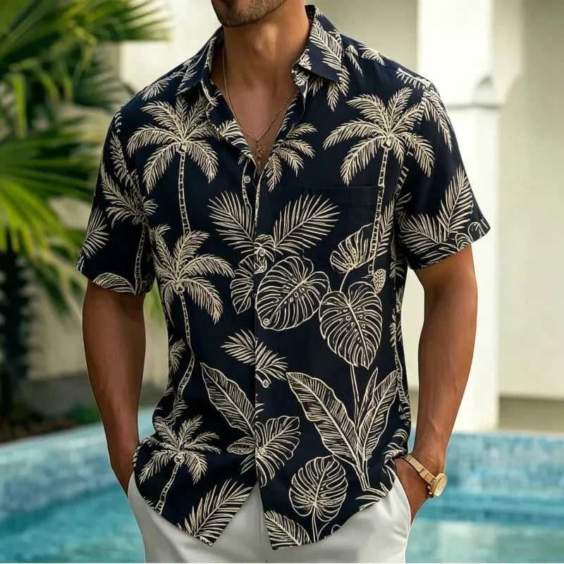 Men's Line Drawing Style Tropical Printed Short Sleeved Pocket shirt, Fresh And Simple style, For Vacation And Daily Wear