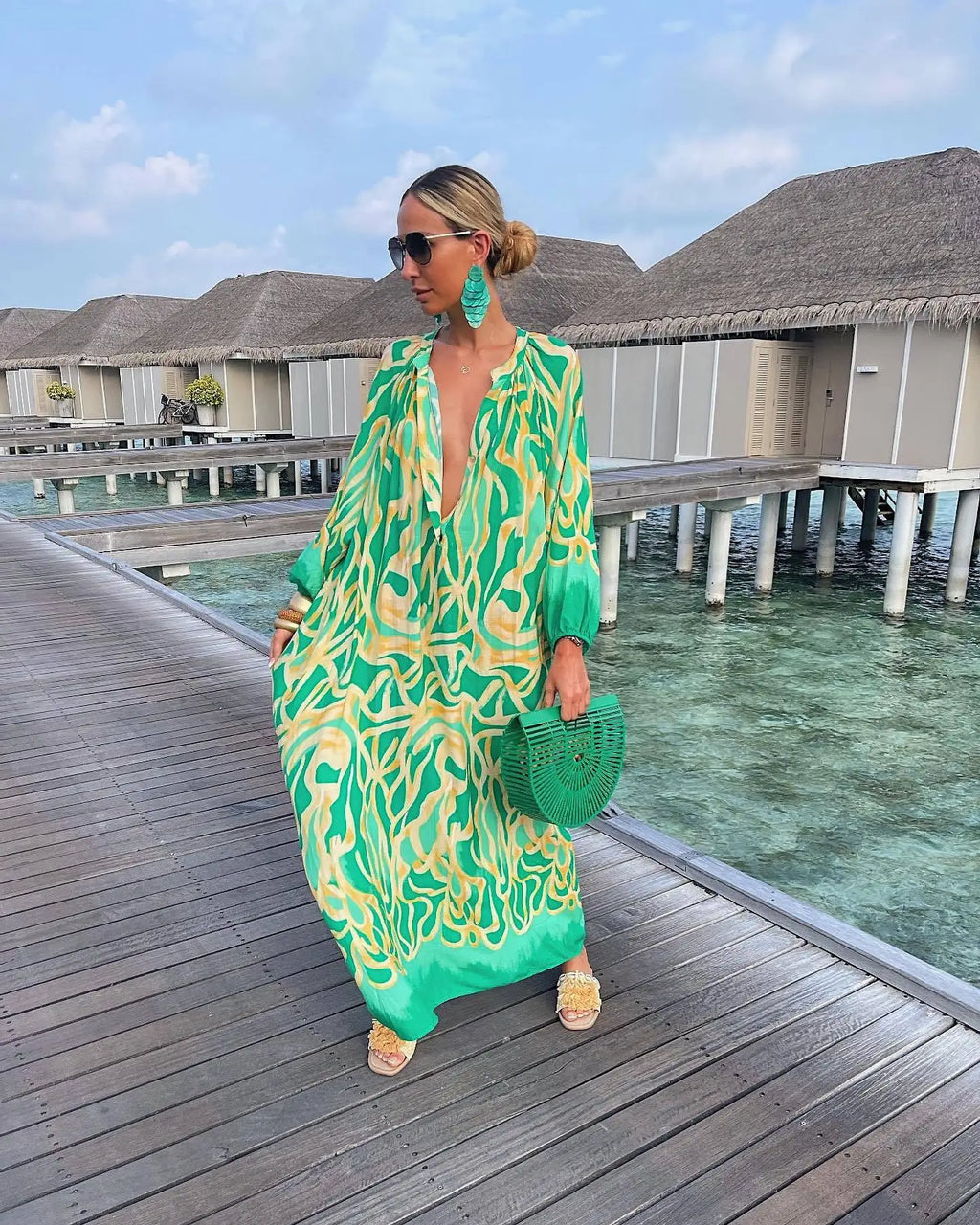 Autumn Women's Print Casual Dress New Fashion V-neck Long Sleeve Loose Holiday Party Long Dresses For Women Robe Femme 2024