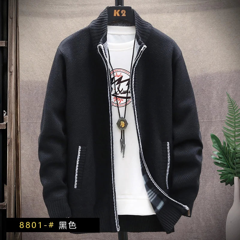 Men's Knitted Sweater Cardigan Thickened Fleece Hooded Casual Style Warm Outerwear Autumn Winter New Arrival Korean Version