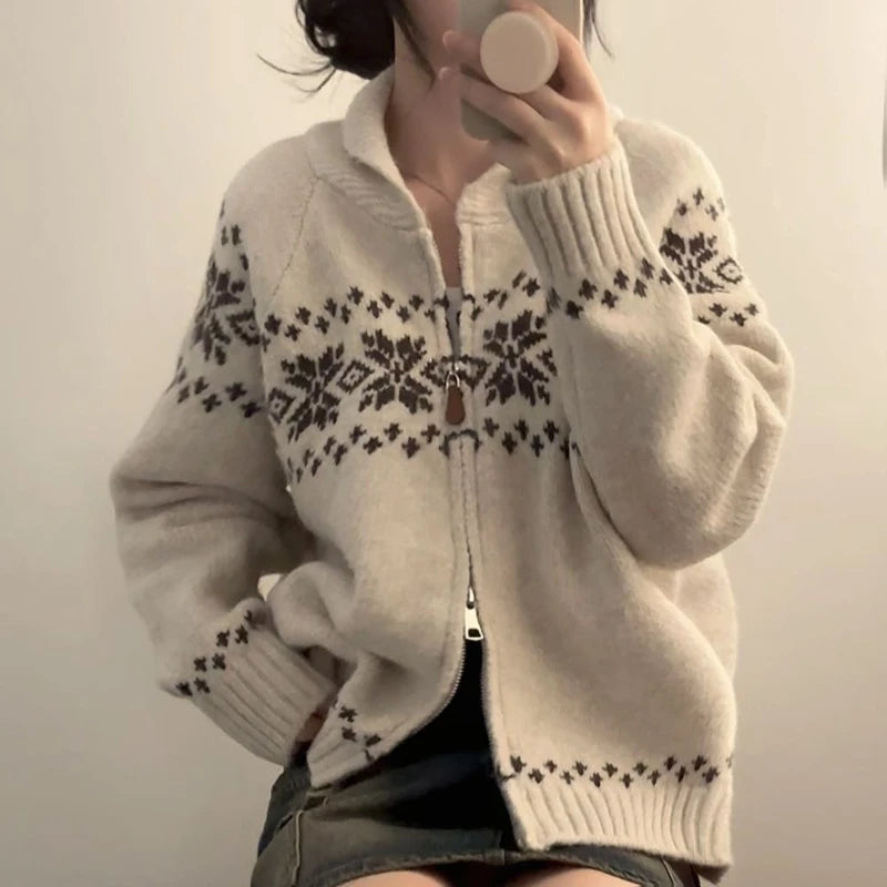 New Autumn Winter Women Fashion Elegant Knitwear Long Sleeve Sweater Fall Korean Style Casual Knitted Top Zipper Lapel Jacket