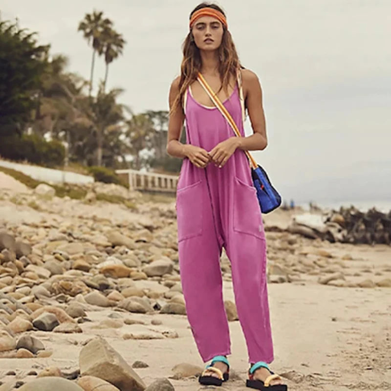 Women Casual Spaghetti Strap Sleeveless Jumpsuit Vintage Harajuku Wide Leg Loose Pants Summer Solid Oversize Overalls Rompers