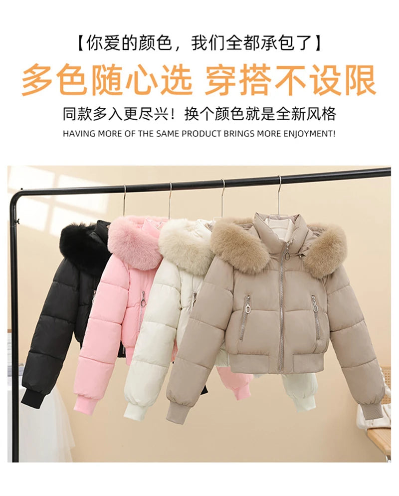 Short Cotton Jackets Long Sleeve Loose Hooded Short Women's Parka Coats Big Fur Collar Winter Down Cotton Padded Coats 2025 New