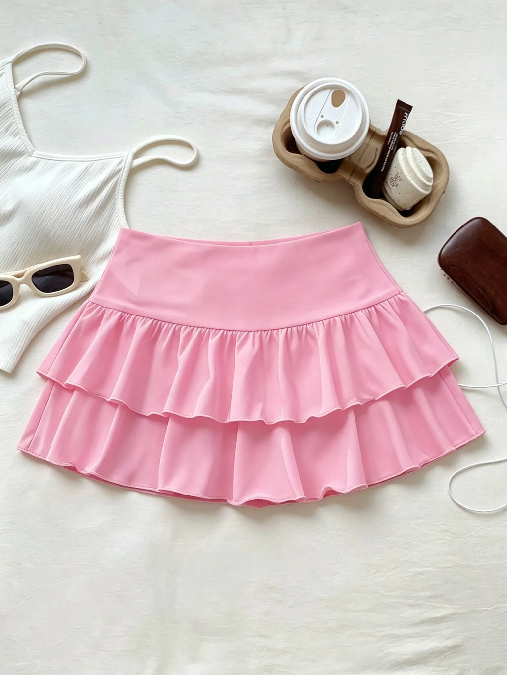Women High Waist Ruffle Layered Mini Skirt Double Layer Tiered Short Skirt Y2K Sexy Sweet Casual Vacation Party Basic Skirt