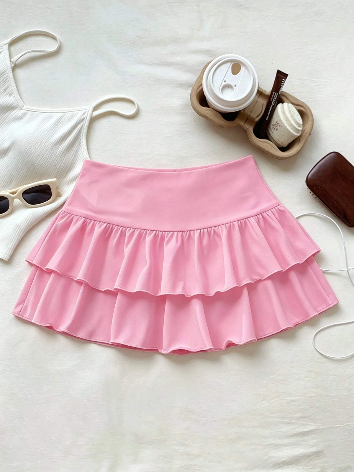 Women High Waist Ruffle Layered Mini Skirt Double Layer Tiered Short Skirt Y2K Sexy Sweet Casual Vacation Party Basic Skirt
