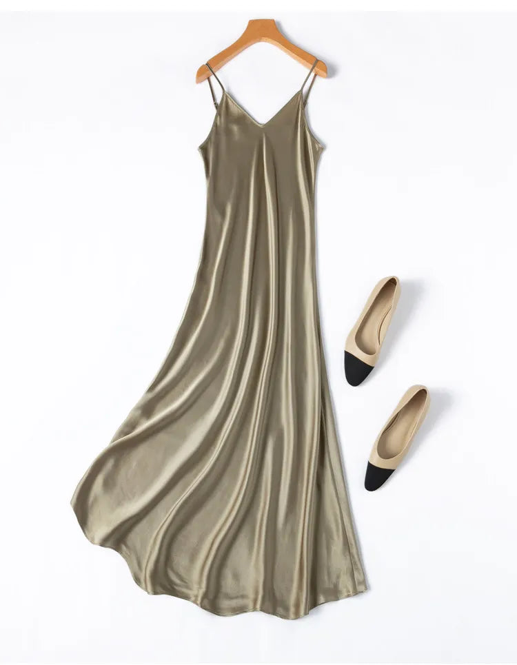 Tcyeek Woman Long Dress, 100%Real Silk, V Neck, Solid Spaghetti Strap Dresses, 2025 Elegant Chic Clothes