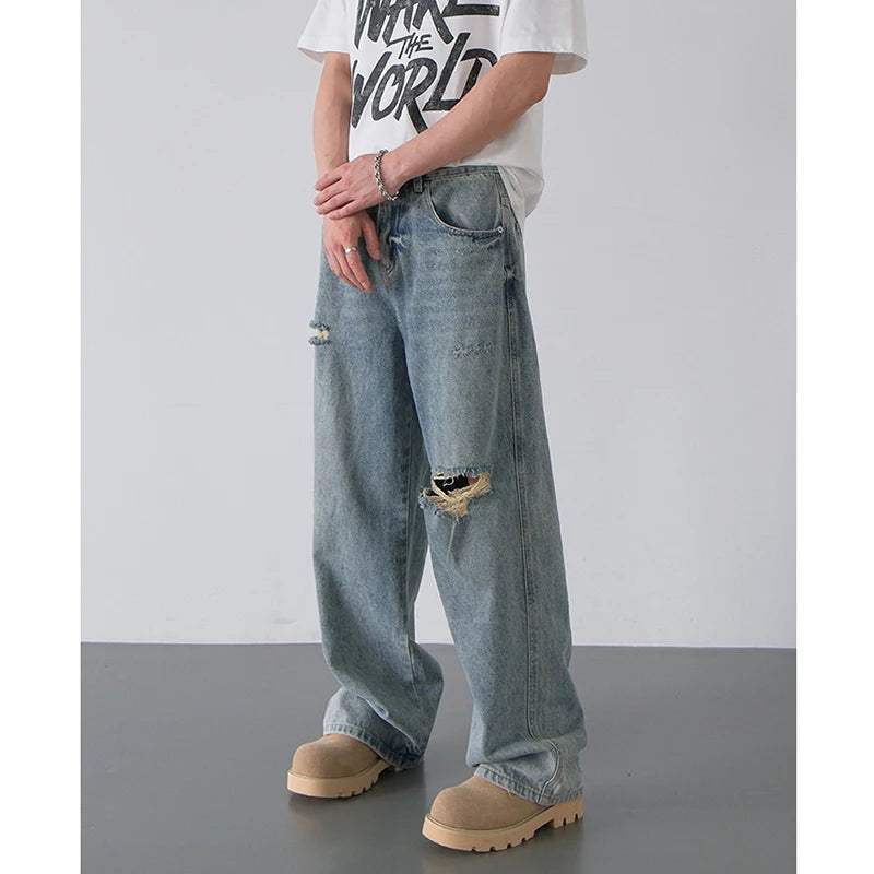 2026 Spring Summer New Men Baggy Ripped Straight Leg Wide Leg Jeans American Style Vintage Trend Male Versatile Denim Trousers