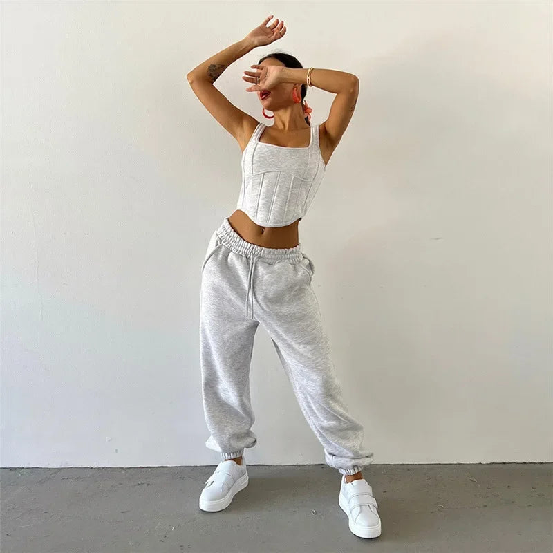 Y2K Sexy Sportswear Women's 3 Piece Set Long Sleeved Hooded Cardigan+slim Fit Strapless Vest+straight Leg Wide Pants
