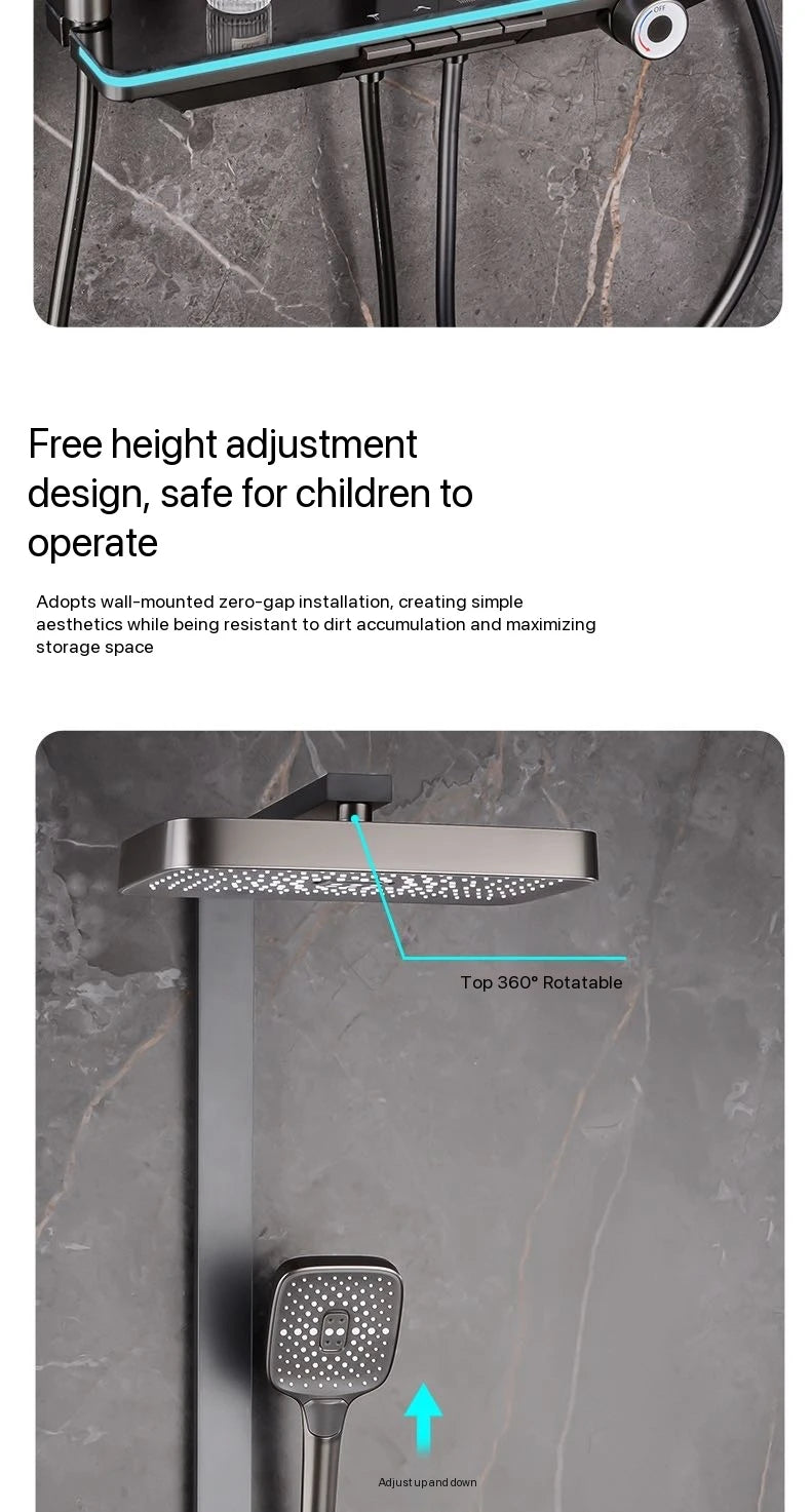 Gray Piano Button Ambient Light Bathroom Shower Full Set Digital Display Shower System Sets Rain Faucets Shower Head