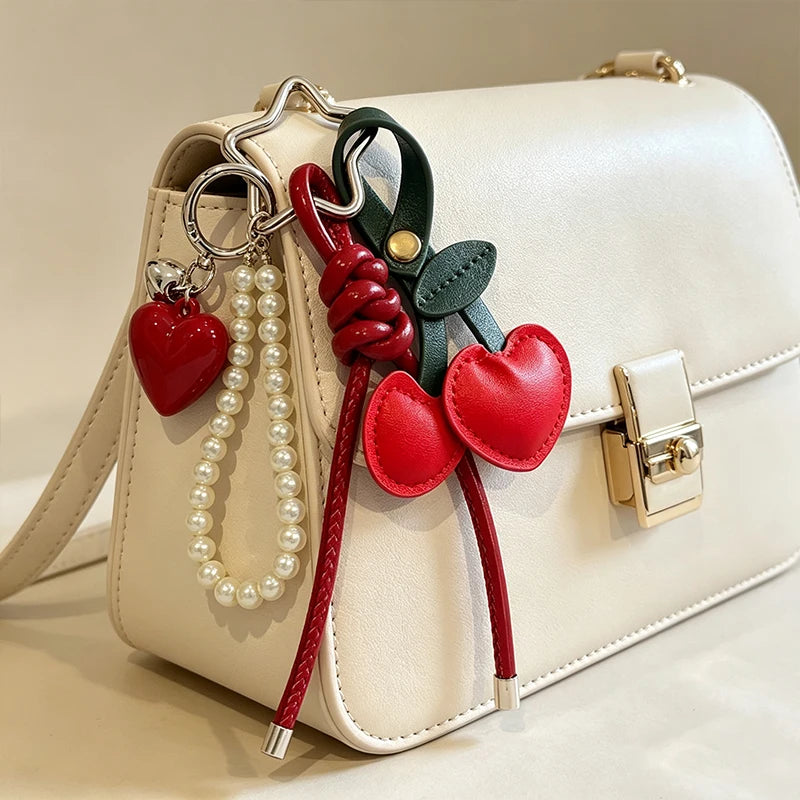 Y2K Leather Rope Red Cherry Keyring Pearl Beads Bag Key Chain Charm Pendant Women Trendy Keychain Decoration