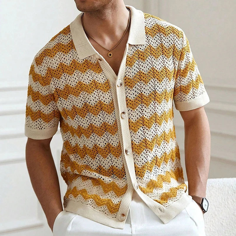 Summer Men Knitted Cardigan Polo Shirts Short Sleeve Striped Jacquarded Business Shirts American Retro Premium Quality Knitwear