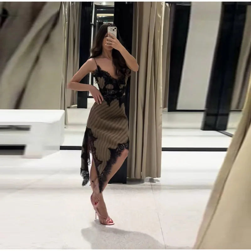 Lightweight Chiffon V-Neck Lace Insert Waist Maxi Dress Cutout Puff Sleeve 2026 Summer Women Party Dress Trendy Chic Lady Outfit
