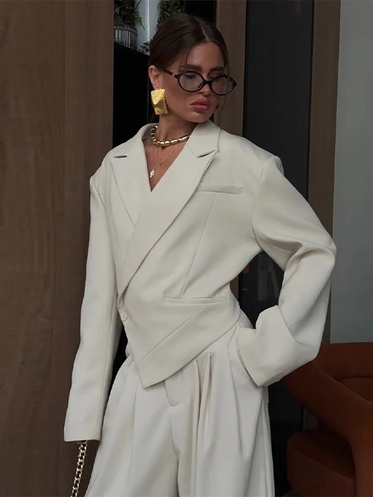 Elegant Irregular Women's Blazer Trouser Suits Single Button Lapel Full Sleeve Wide Leg Pants Lady Set 2026 2 Pieces Set Women