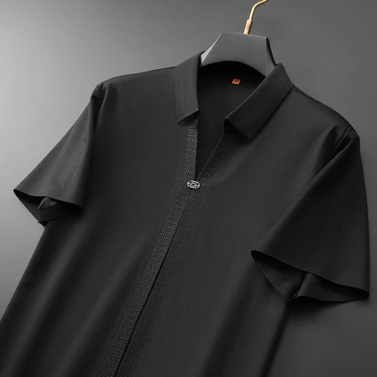 Men's 62% Cotton Polo Shirt | Breathable V-Neck with Rhinestone Accents | Moisture-Wicking Black/Brown Casual Tops XL-7XL