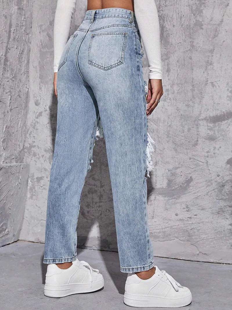 Women's High Waist Ripped Denim Jeans with Distressed Knee Holes and Straight Leg Fit for Casual Streetwear Fashion