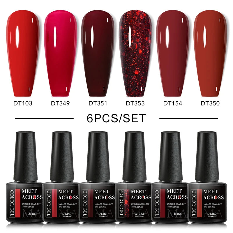 MEET ACROSS 6/8Pcs Set Glitter Gel Nail Polish Autumn Winter Nail Art Varnishes Semi Permanent Soak Off UV Gel Kit Nails Lacquer
