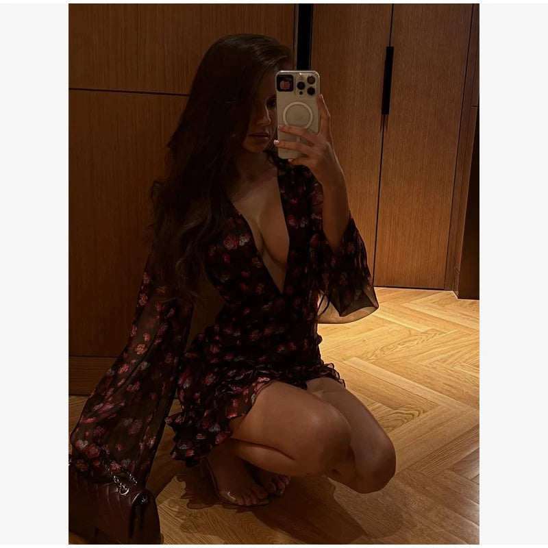 Women Flora Painted Ruffle Mini Dress Elegant Full Sleeve Deep V-neck Slim A-line Vestidos 2026 New Lady Holiday Street Dresses