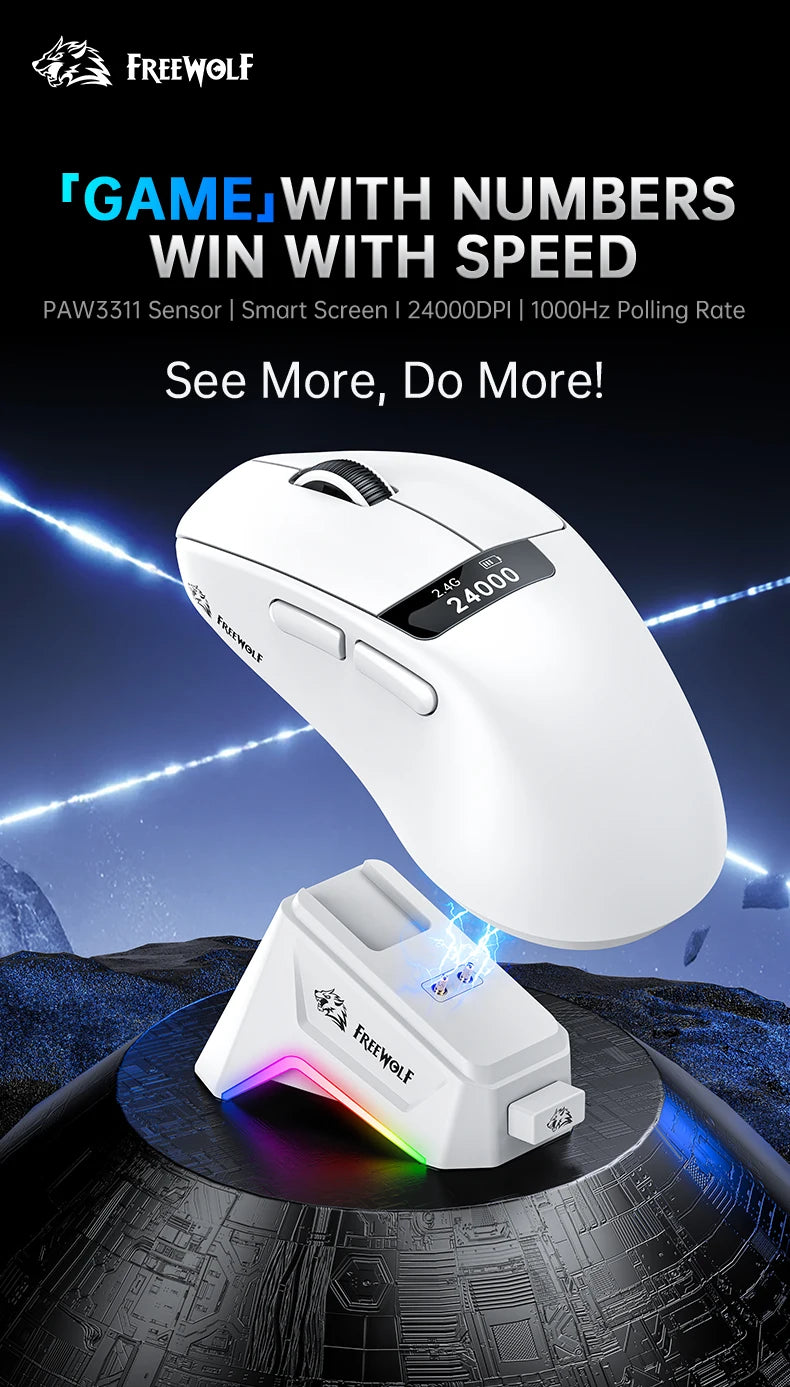 A7 Lightweight Wireless Gaming Mouse,24000DPI,Magnetic Charging Base,Tri-Mode Connection,PAW3311 Macro Esports Office Mouse