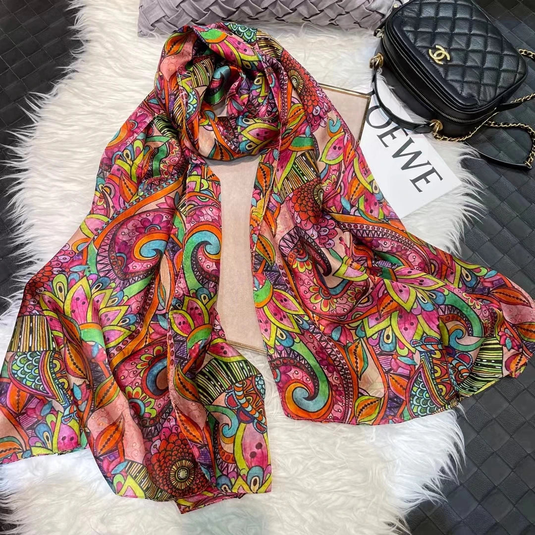 BYSIFA| Ultralarge Spring Fall 100% Mulberry Silk Scarf Beach Wrap Brand Female Long Scarves New Red Floral Silk Scarf Shawl