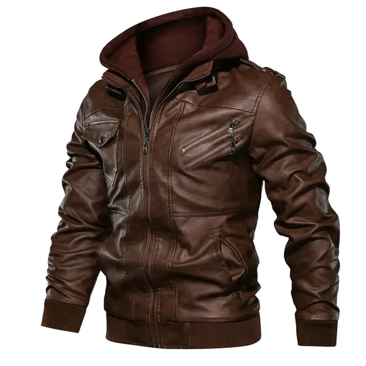 New Men's Hooded Leather Jackets Autumn Winter Casual Zipper Motorcycle PU Jacket Biker Leather Coat Hat Detachable Punk Outwear