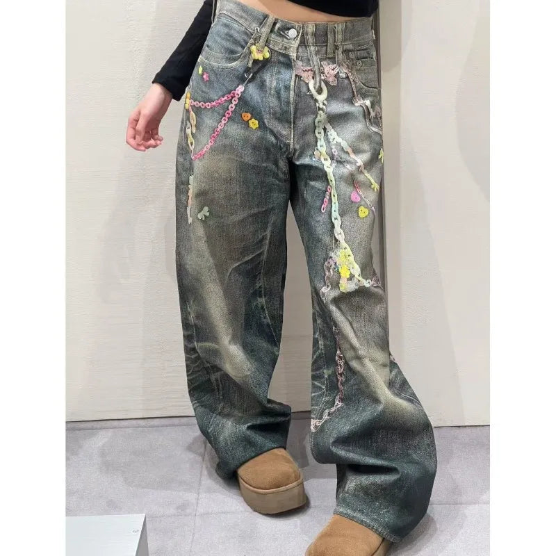 Summer American Retro Low Waist Wide Leg Women's Jeans Loose Drapey Tall Extended Length Hot Girls Korean Fashion Y2k Style Pant