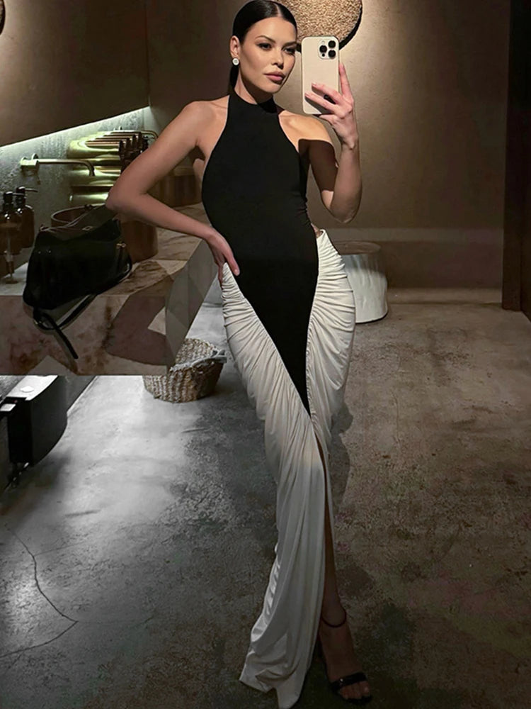 Nibber Folds Maxi Dress Women Black White Patchwork Peach Butt Halter Backless Slit Summer Trend Temperament Clubwear Vestidos