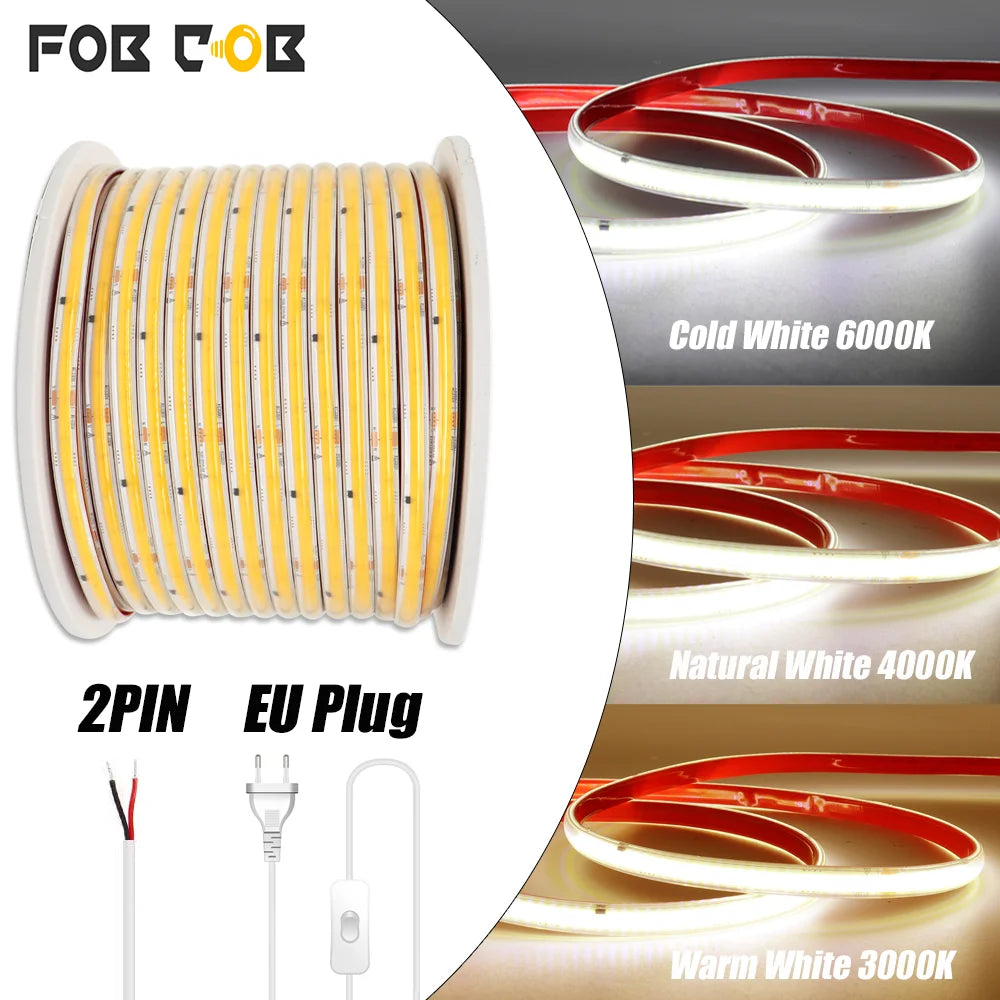 1-50M 220V COB LED Strip Light High Bright Flexible Ribbon Light Tape IP68 Waterproof Outdoor Garden LED Strip 3000K 4000K 6000K