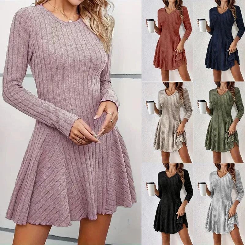 Women's V-Neck Knit Dress - Long Sleeve Swing Mini Dress, Elegant Bodycon Short Dress