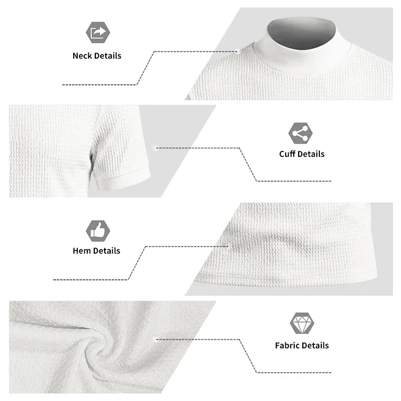 Men Summer Solid Jacquard Textured Mock Neck Short Sleeve T Shirt Slim Fit Simple Versatile Casual Daily Male Basic Tees