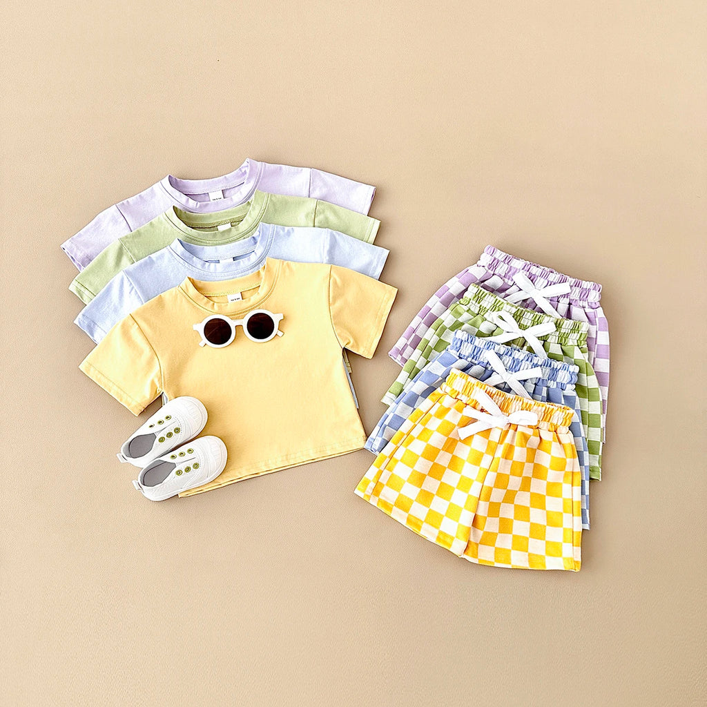 2PCS Kids Clothes Baby Boys Girls Solid Color Short Sleeve T-shirt Plaid Pattern Shorts Sets Baby Clothing Sets 0-3Y