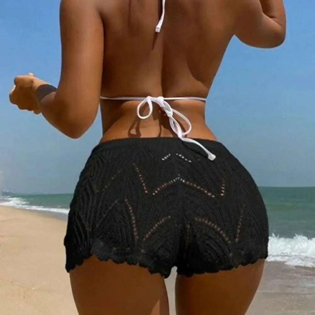 Women Beach Shorts Hollow Out Knitted Lace Drawstring Elastic Waist Soft Breathable Loose High Waist Summer Bikini Shorts