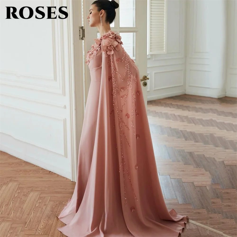 ROSES Pink Evening Gown One Shoulder Prom Dresses 3D Floral Cape Sleeve Wedding Evening Dress Beaded robes de soirée Customized