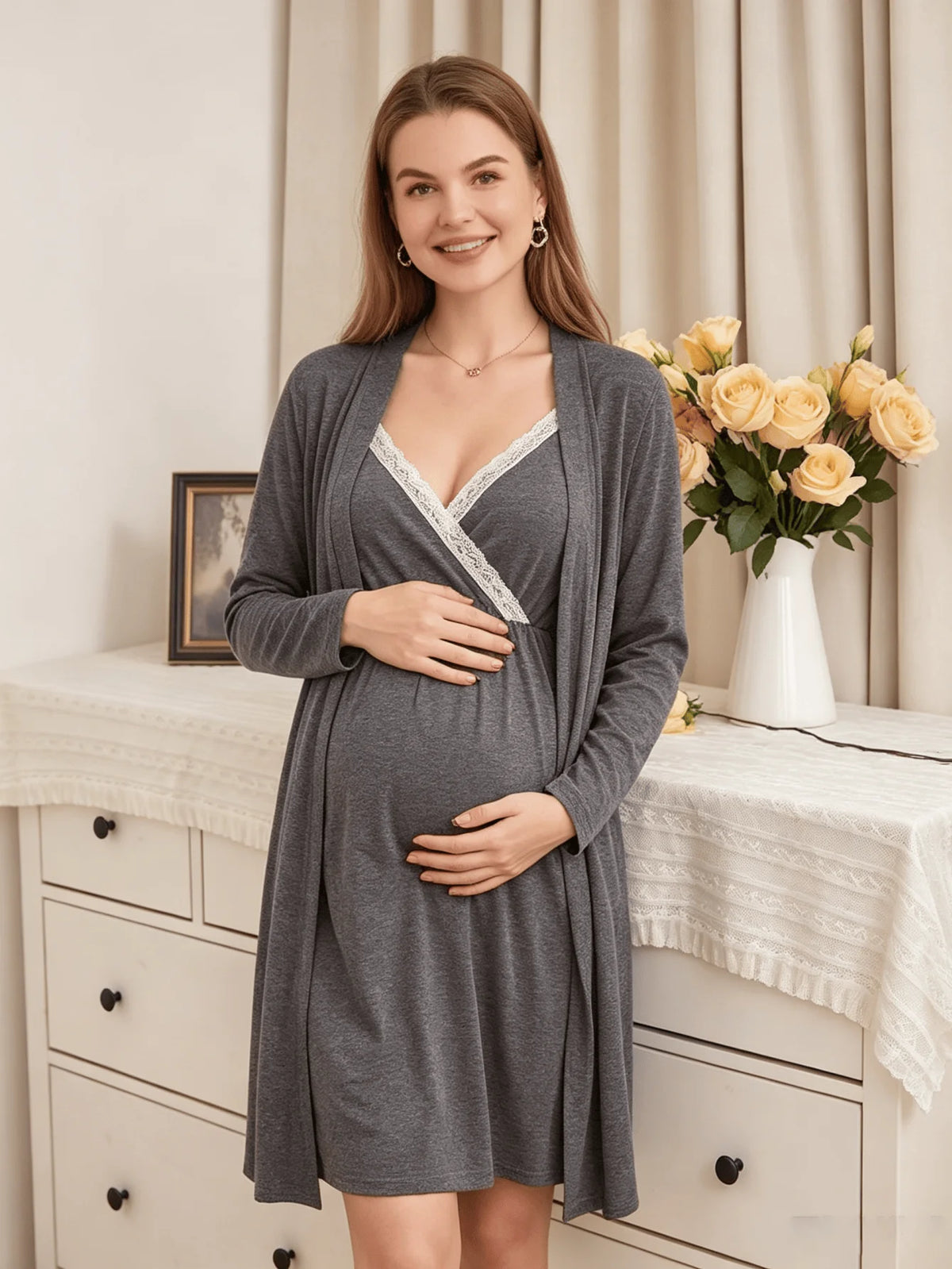 2-piece set, pregnant women, nursing long-sleeved pajamas set, autumn and winter casual loungewear, nursing nightgown, maternity clothes.