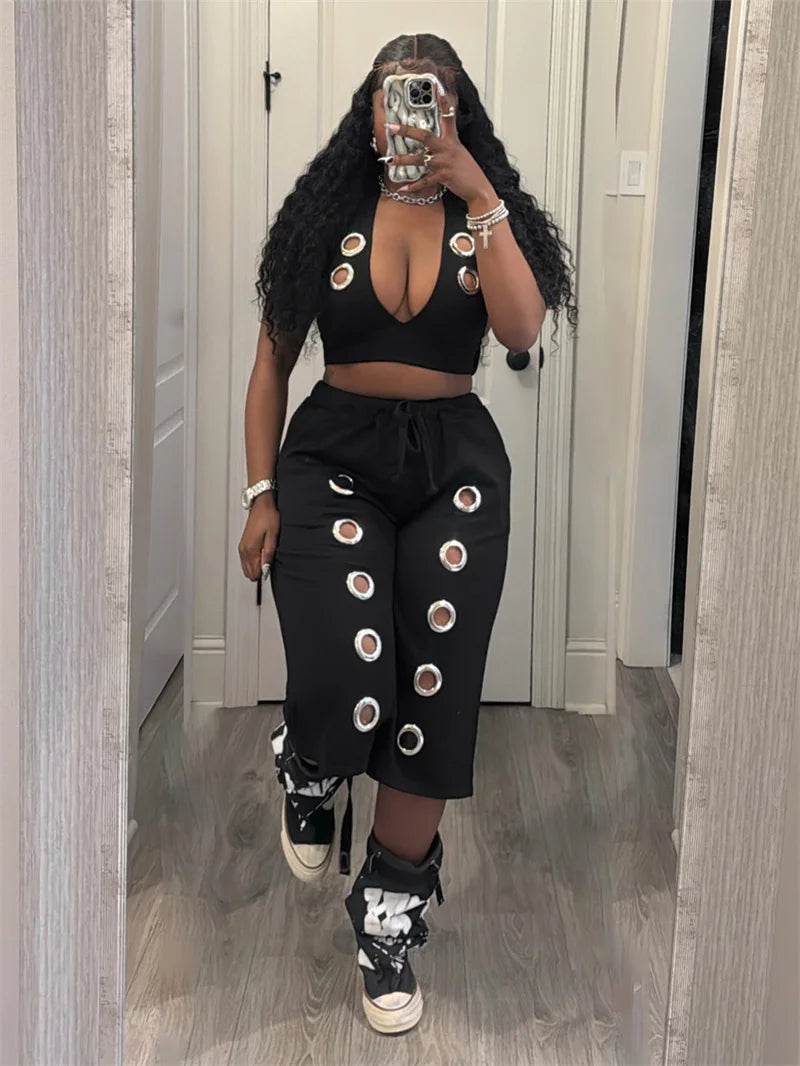 Streetwear 2 Piece Sets for Woman Club Outfits Party Hollow Out Halter V-neck Vest Crop Top and Calf-length Pants Matching Sets