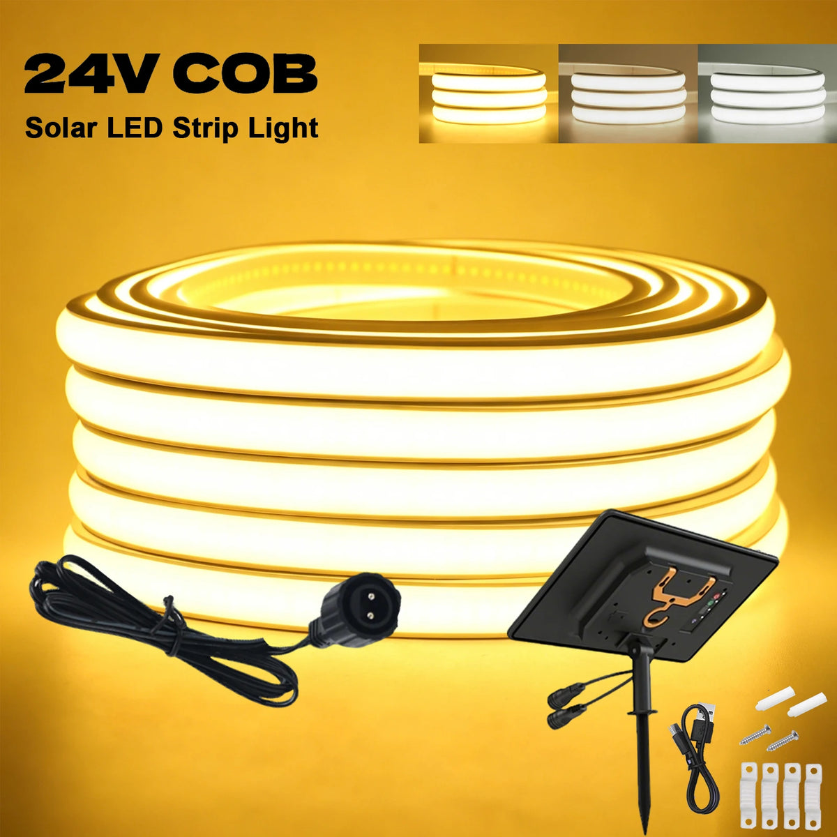 24V COB LED Solar Strip Outdoor Waterproof Neon Light 320LEDs/m Flexible Rope Light Warm Natural White Courtyard Home Lighting