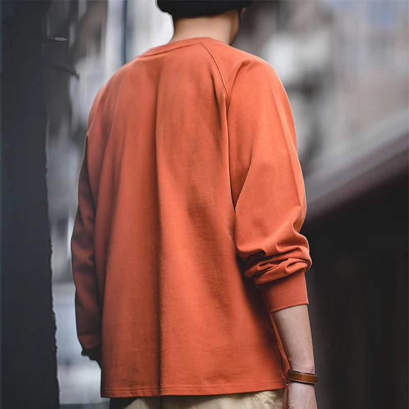 Maden 100% Cotton Loose Crew Neck Long Sleeve T-shirts Men's  230g Thin Breathable Tee Shirt Basic Solid Color Oversized Tops