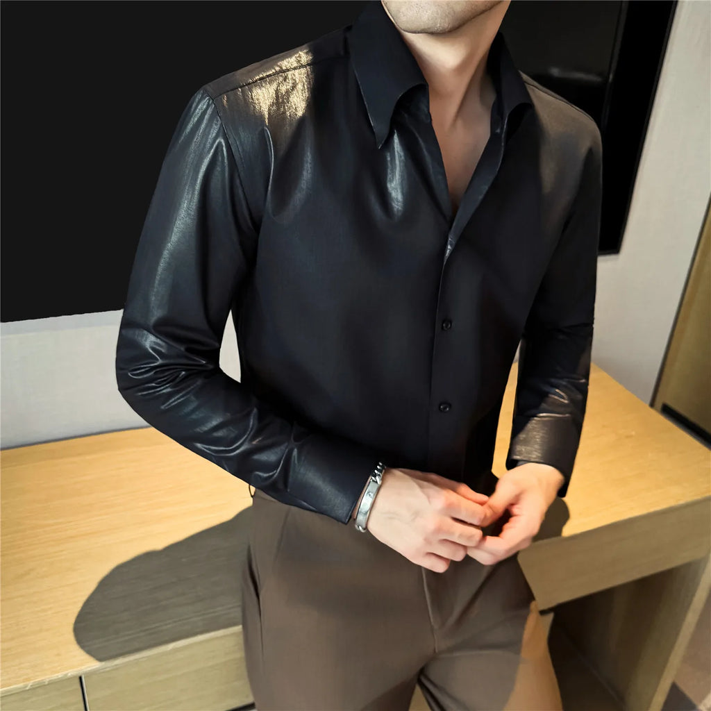 Men's 2026 Spring Luxury Lyocell Cotton Shirt, Leather-Like Texture Jacquard V-Neck, Long Sleeve Business Casual Top