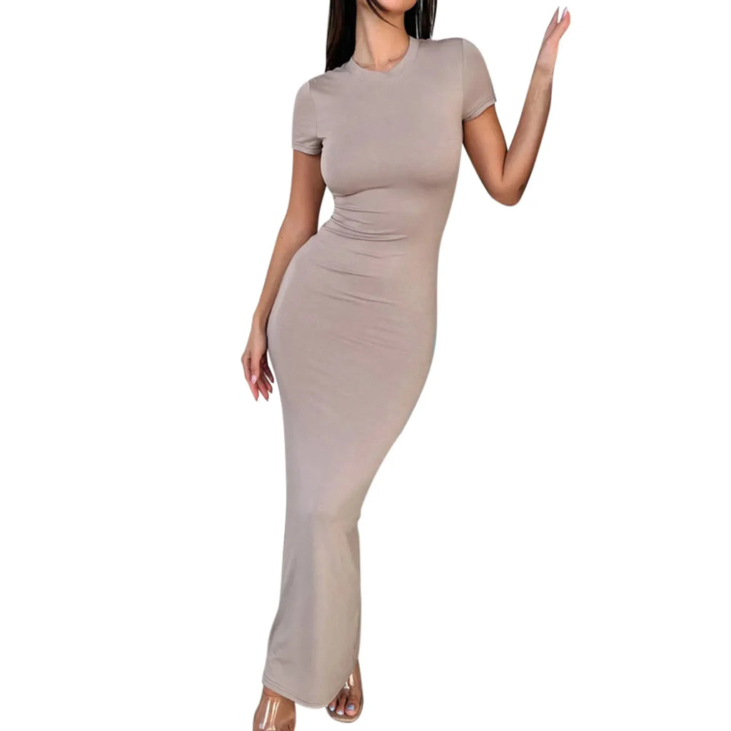 Sexy Skinny Women's Bodycon Party Dress Fashion O-neck Short Sleeve Solid Color Wraped Hip Package Long Dress Female Sexy Dress