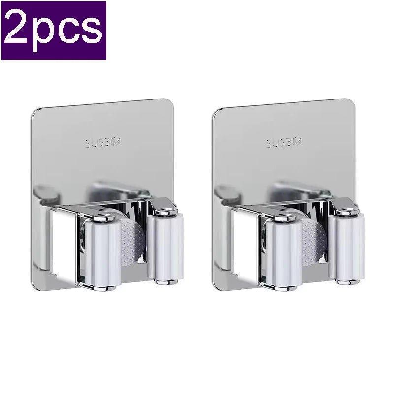 304 Stainless Steel Mop Clip Holder Bathroom Punch-free Mop Broom Brush Hanging Rack Strong Sticky Hook Wall Organizer Shelf