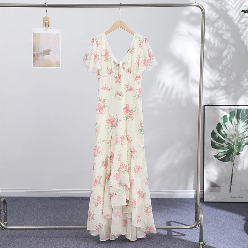 Elegant Sexy Print Fish Dress Women V Neck Short Sleeves High Waist Ruffles Split Vestidos Female 2026 Summer New Chic Dresses