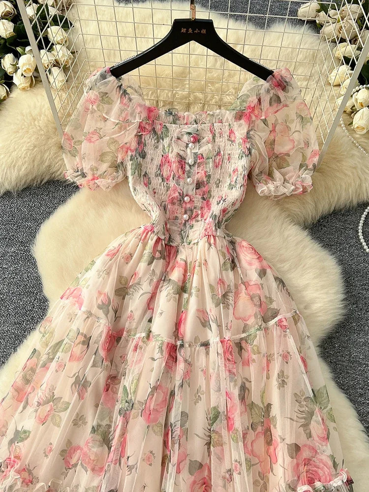 Summer Vintage French Mesh Dress for Women New Waist Cinched Slash Neck Bubble Sleeves Sweet Floral Chiffon Dress Female C146
