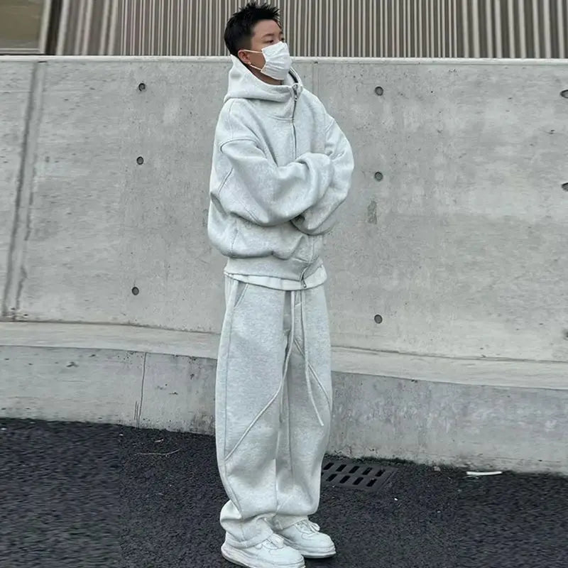 Casual Sports Suit Men's Velvet Thickened Loose Hooded Jacket Sweatshirt Sweatpants Two-piece Set