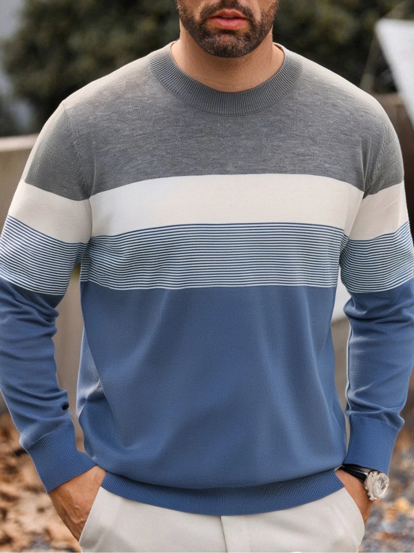 Men Spring Autumn Crew Neck Color Block Horizontal Striped Knit Sweater Long Sleeve Slim Casual Pullover Tops