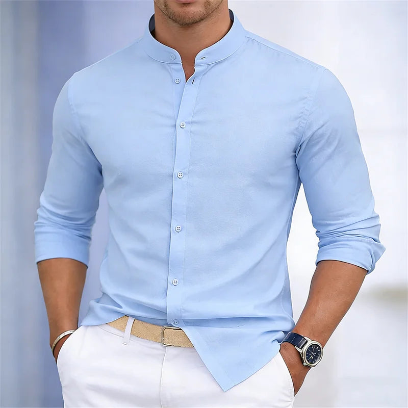 Men's stand-up collar white or black long-sleeved shirt, solid color shirt, slim fit business casual men's top, sizes XS-6XL.