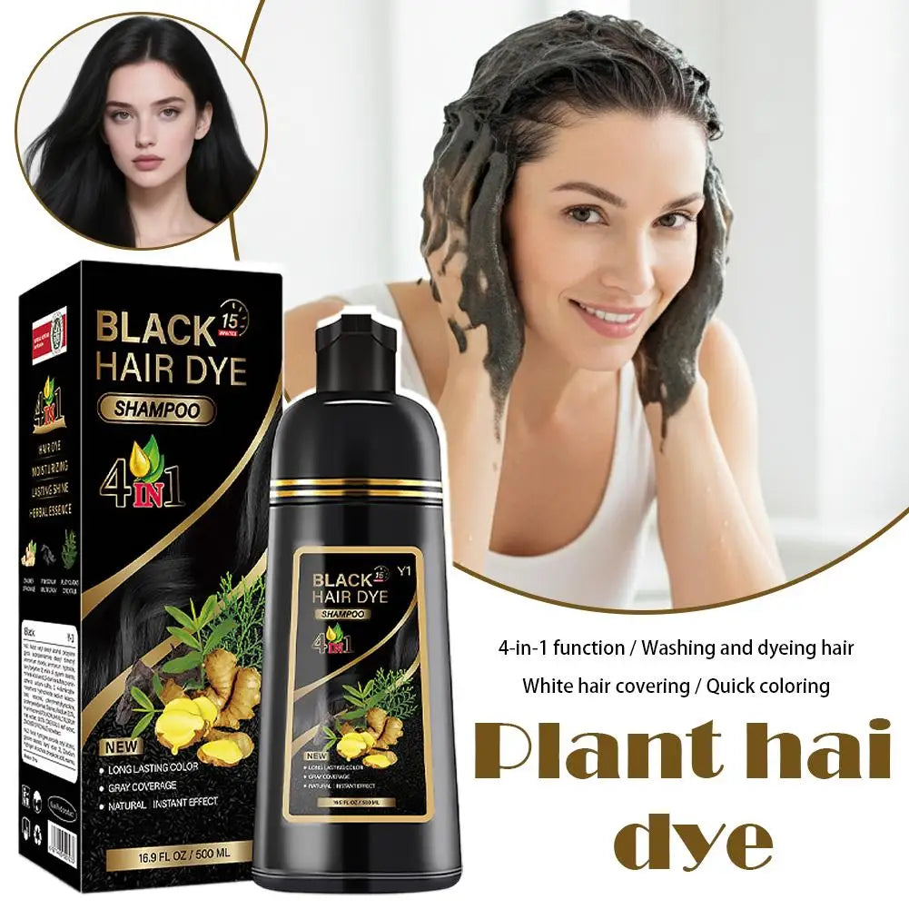 Black Brown Hair Dye Shampoo 500ml,4-in-1 Color Shampoo for Gray Coverage, Long-Lasting Natural Hair Coloring for Women Men