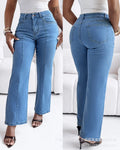Women Spring Autumn Jeans Solid Color Button Wide Leg Pants High Waist Casual Fashion Comfortable Regular Standard Fit Trouser