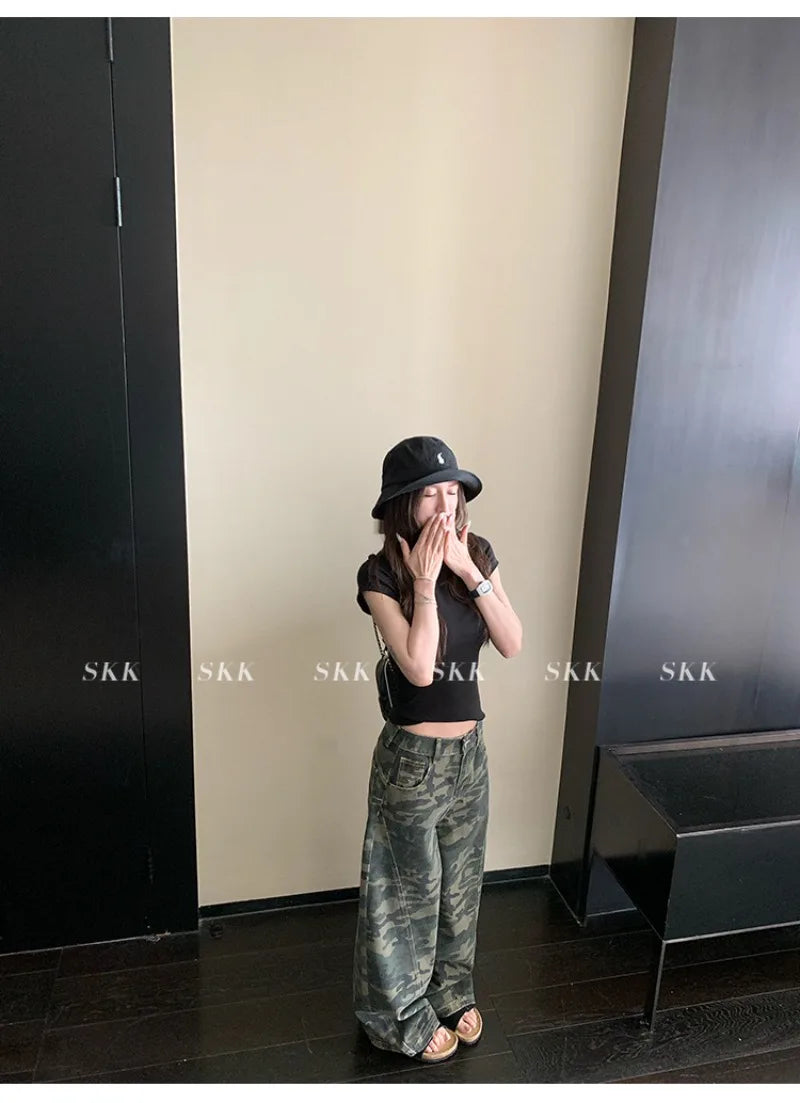 YJKDYK High Waist Camouflage Workwear Jeans Women's Autumn Spring American Retro Wide Leg Floor-Length Pants Trendy High Street