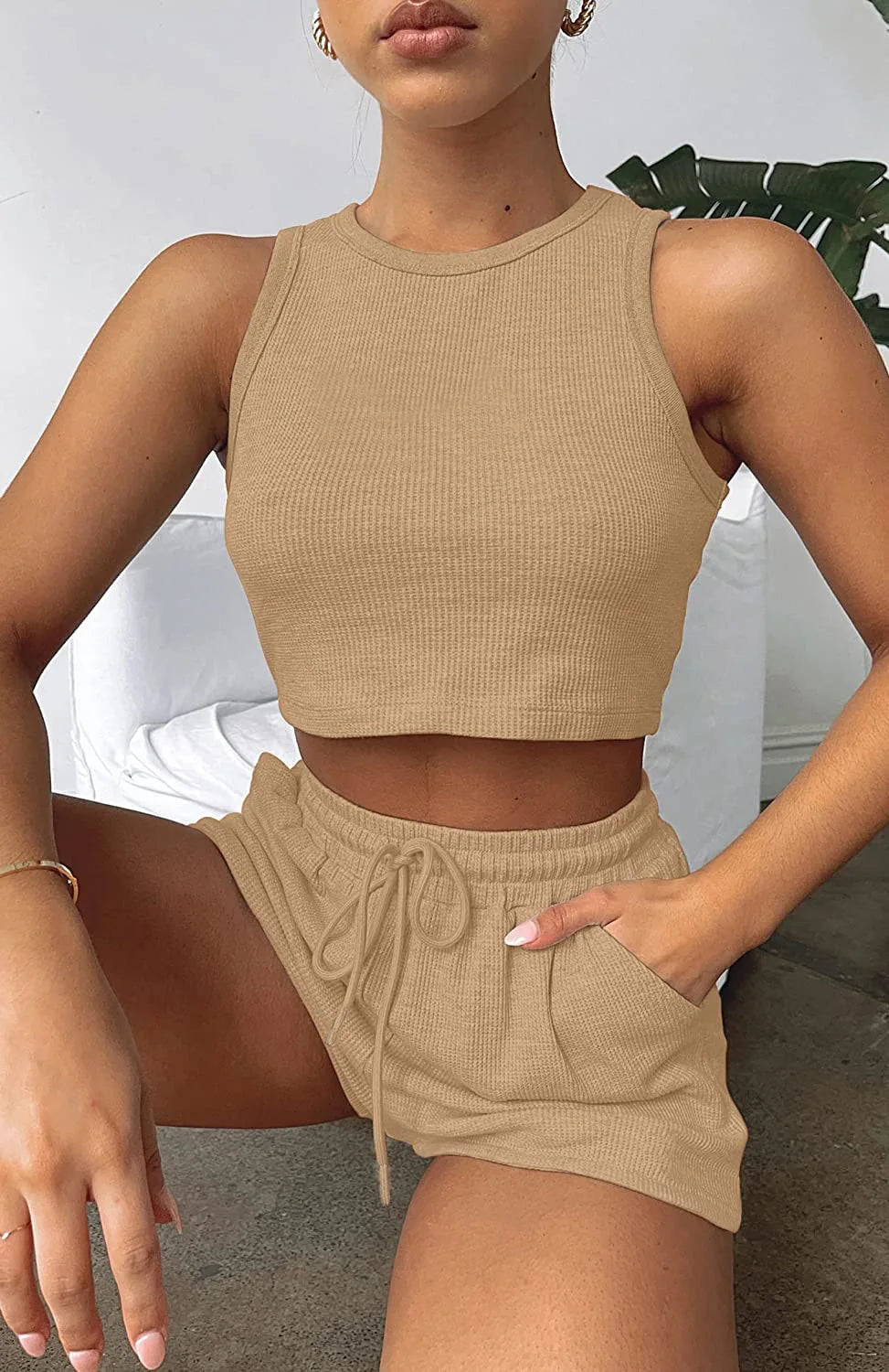 Women Shorts Outfit Solid Sleeveless Ribbed Crop Tank And Drawstring Shorts Casual Tracksuit Workout Set 2 Piece Lounge Set