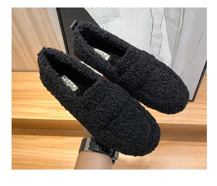 Lambwool Moccasins Femme Curly Sheep Fur Flats Woman Warm Plush Loafers Winter Cotton Shoes Women Furry Snow Boot
