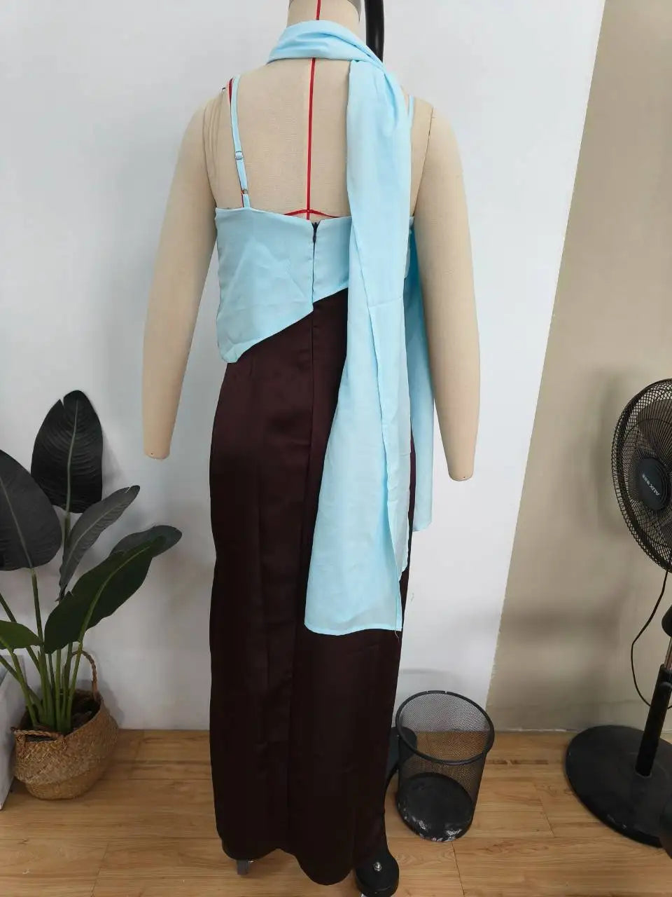 Color Blocking Scarf Collar Suspender Women Maxi Dress Spaghetti Strap High Split Floor Length Evening Dresses Lady Party Robes